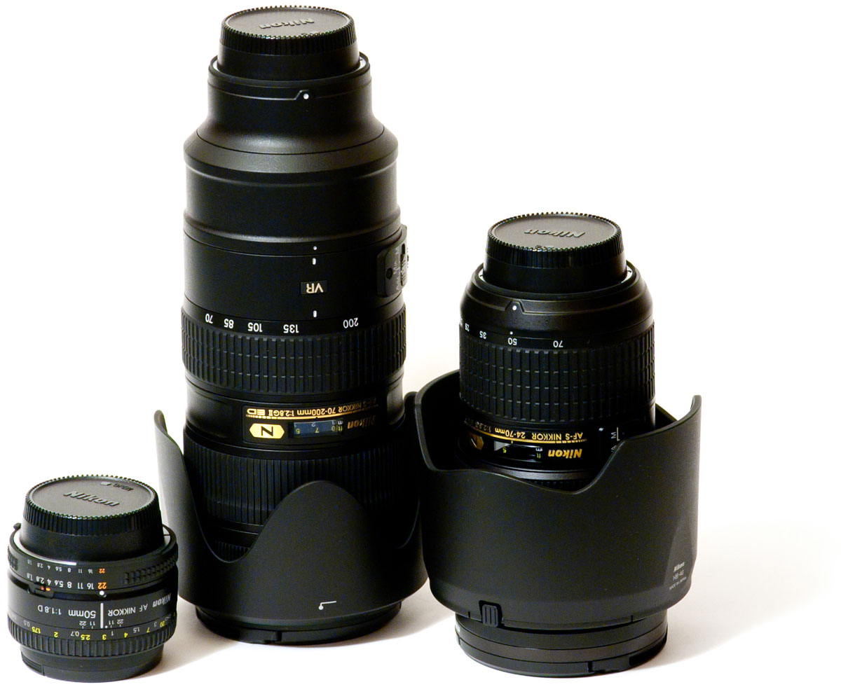   Nikon 50mm f/1.8D AF, 24-70mm f/2.8G ED AF-S  70-200mm f/2.8G ED AF-S VR II