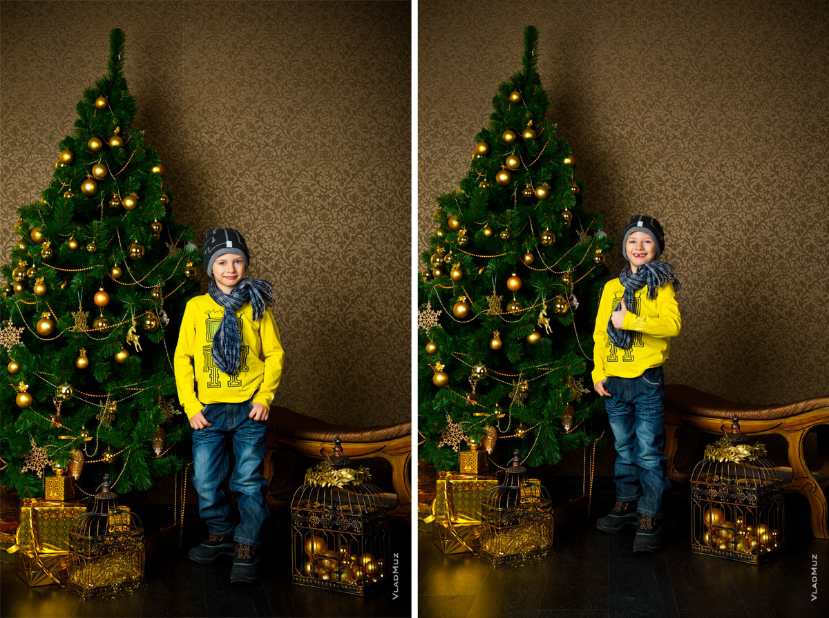 Фото у новогодней елки самого юного героя семейной фотосессии