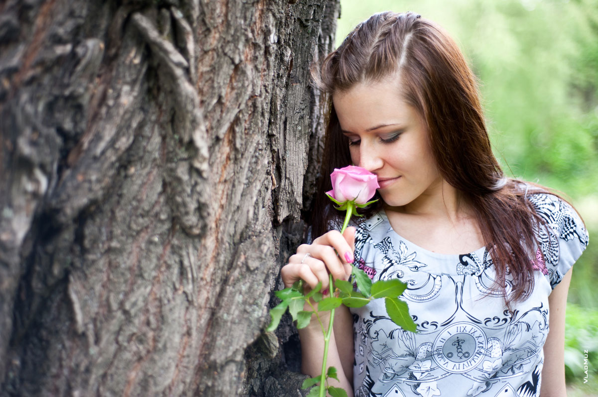 Фото девушки с розой у дерева
