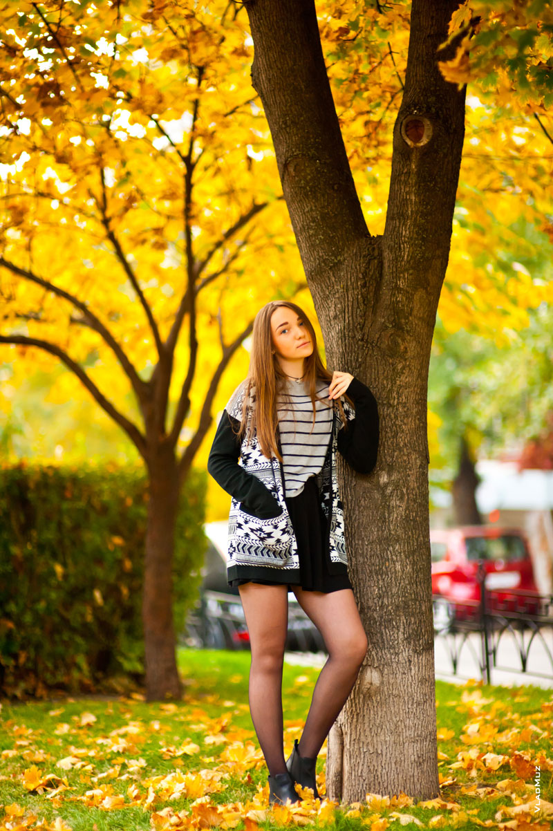 Осеннее фото девушки в полный рост, стоящей у дерева, на фоне желтой листвы на заднем плане
