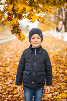 Осенний фотопортрет мальчика под клёном, на фоне желтых кленовых листьев
