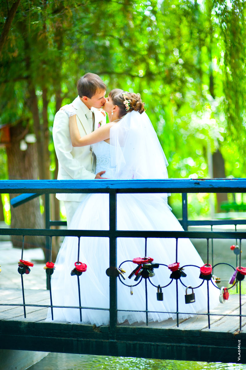 Фото свадебного поцелуя на мосту в Александровском парке в Новочеркасске
