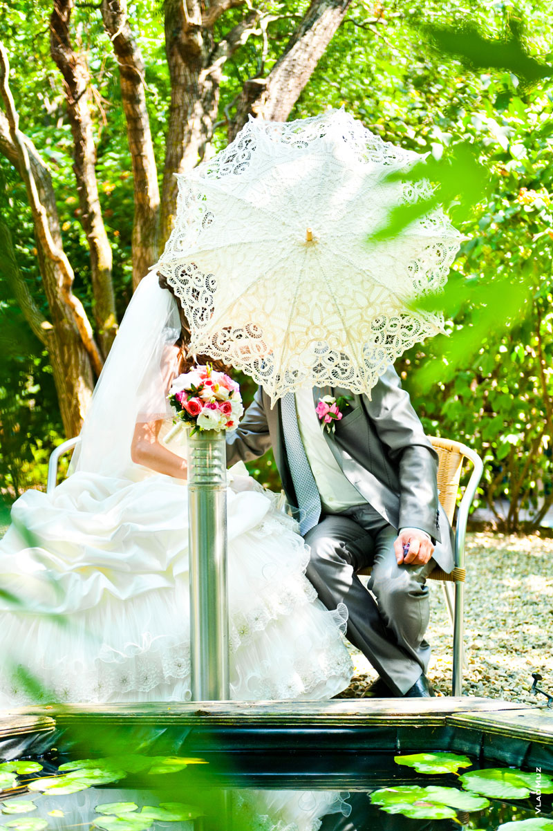 Фото молодоженов, закрытых зонтом невесты