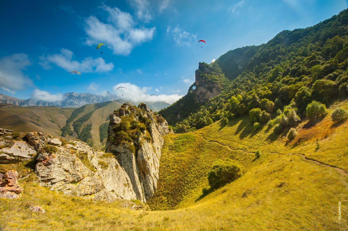 Парадром «Флайчегем»: горный фотопейзаж со скалами, горным лесистым склоном горы Зинки и парапланами в небе