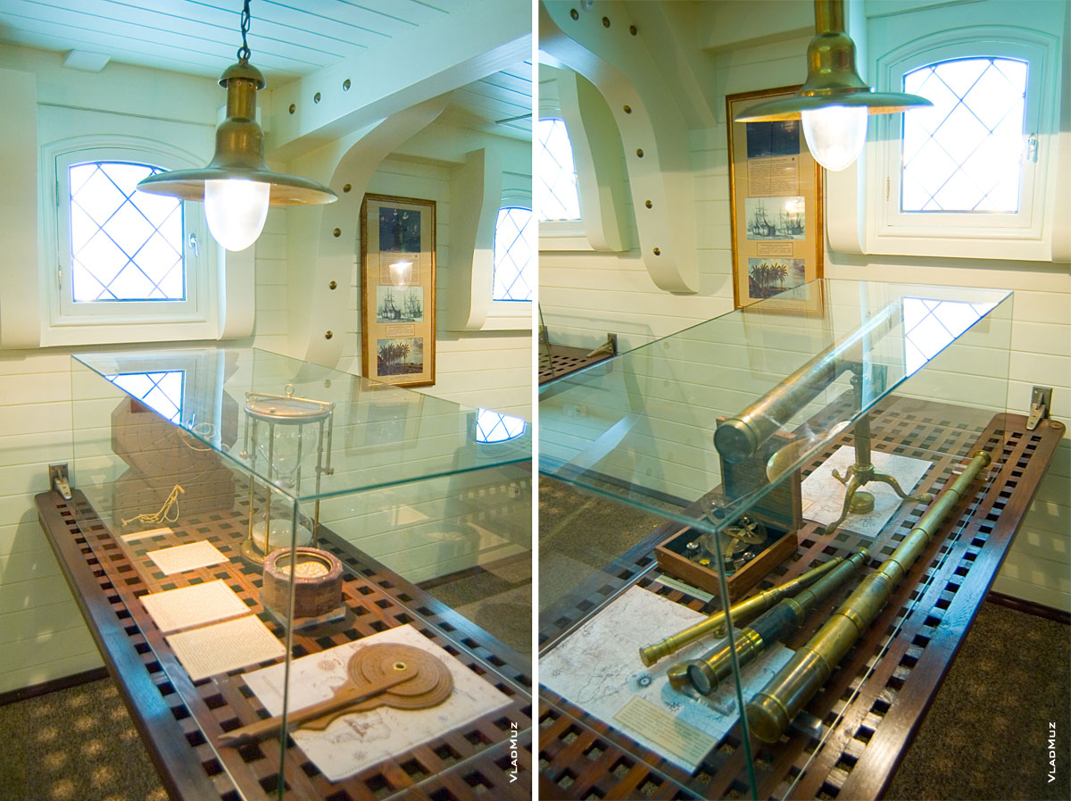 Начало выставочной экспозиции на корабле «Витязь» в Калининграде. Здесь можно увидеть подзорные трубы, песочные часы и астролябии
