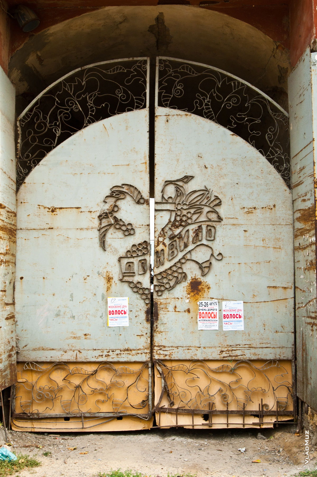 Фото металлического барельефа «Донвино» на воротах новочеркасского винного завода