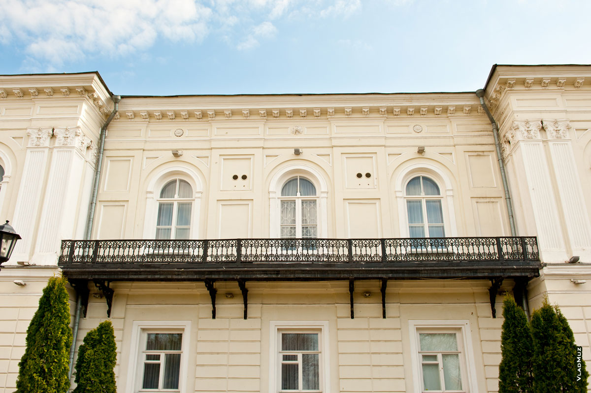 Фото балкона и архитектурных украшений на 2-м этаже Атаманского дворца в Новочеркасске: декоративной решетки, пилястр по бокам, розеток и львиных барельефов на дворцовом фасаде