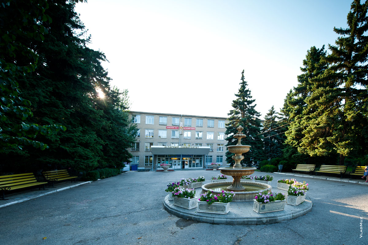 Фото фонтана с клумбами на переднем плане, вдали — главный корпус Донского государственного аграрного университета