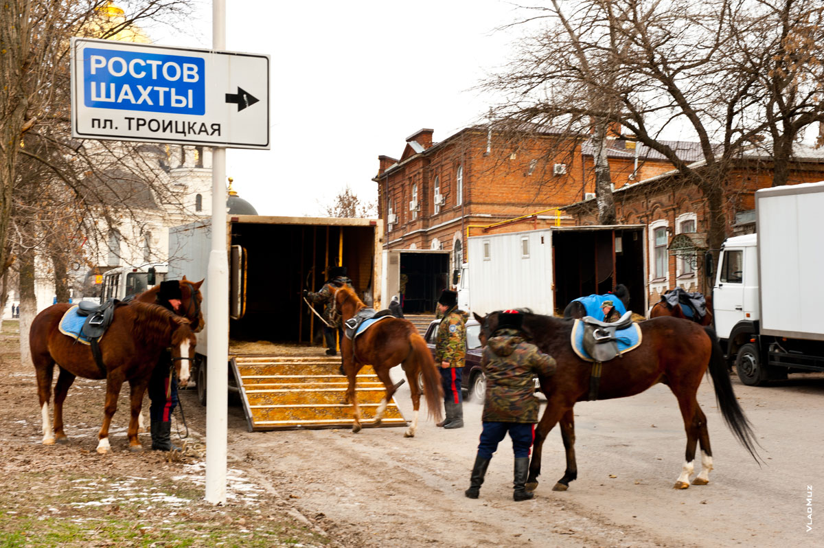 Фото казаков с лошадьми после построения на Соборной площади в Новочеркасске