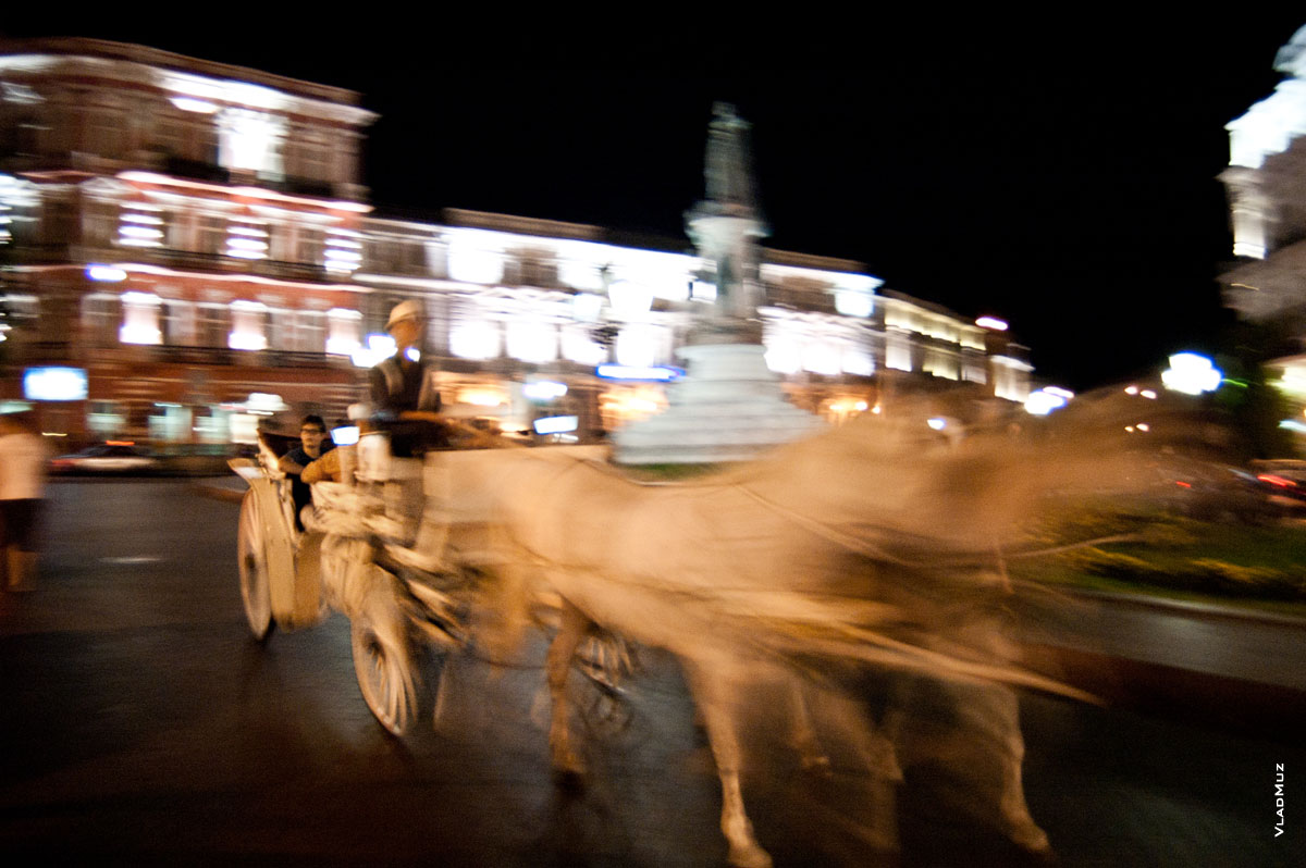 Летняя Одесса в ночных огнях. По городу ездят кареты, запряженные лошадьми