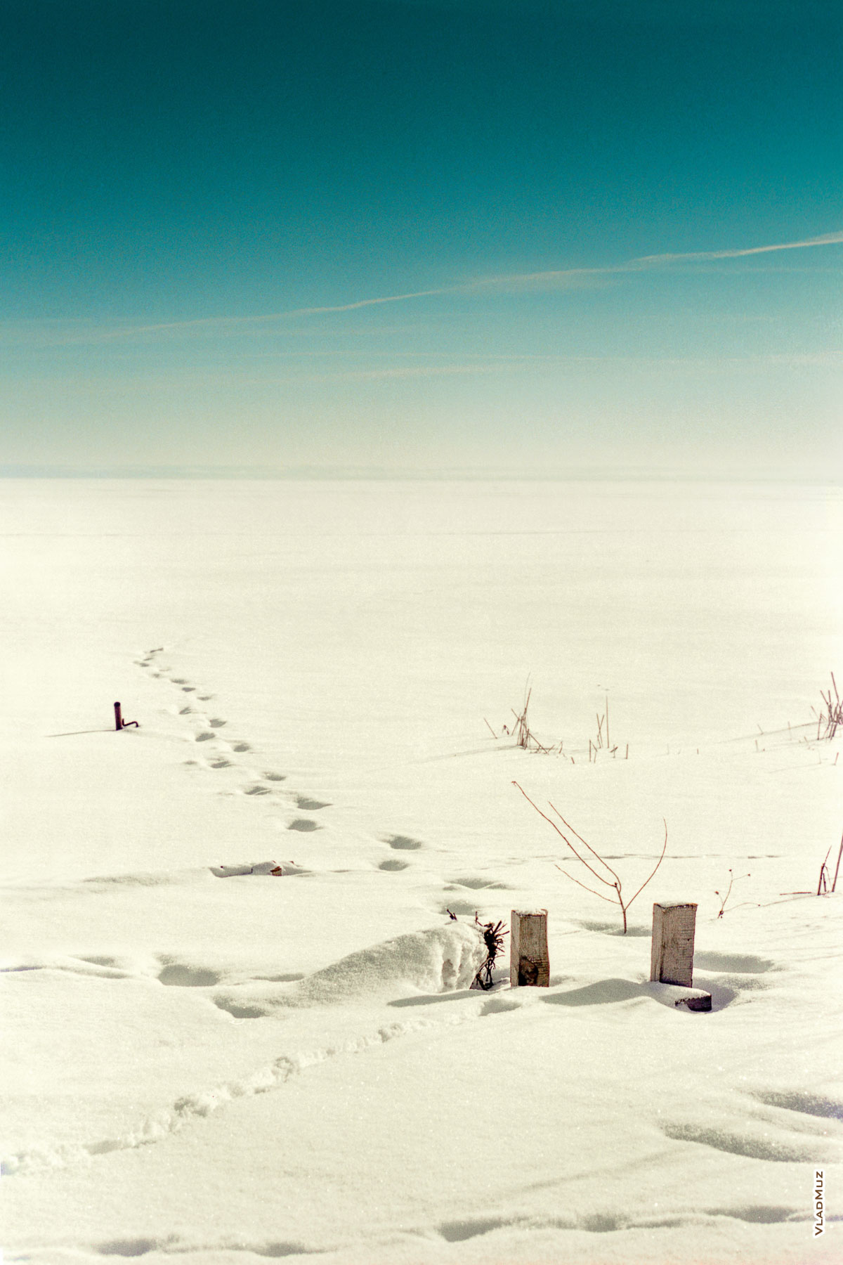 Одинокие следы на снегу, уходящие вдаль