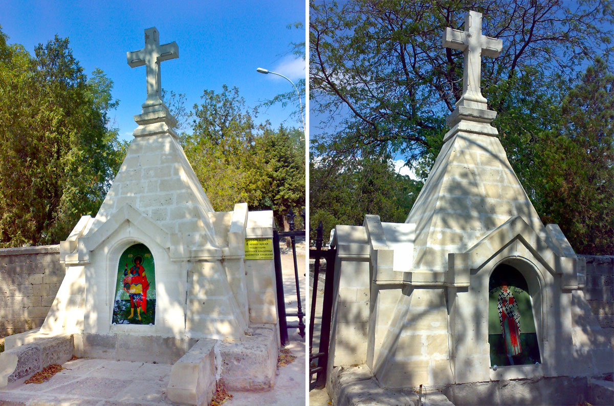 Фото памятников в форме обелисков с крестами на входе в Братское кладбище в Севастополе